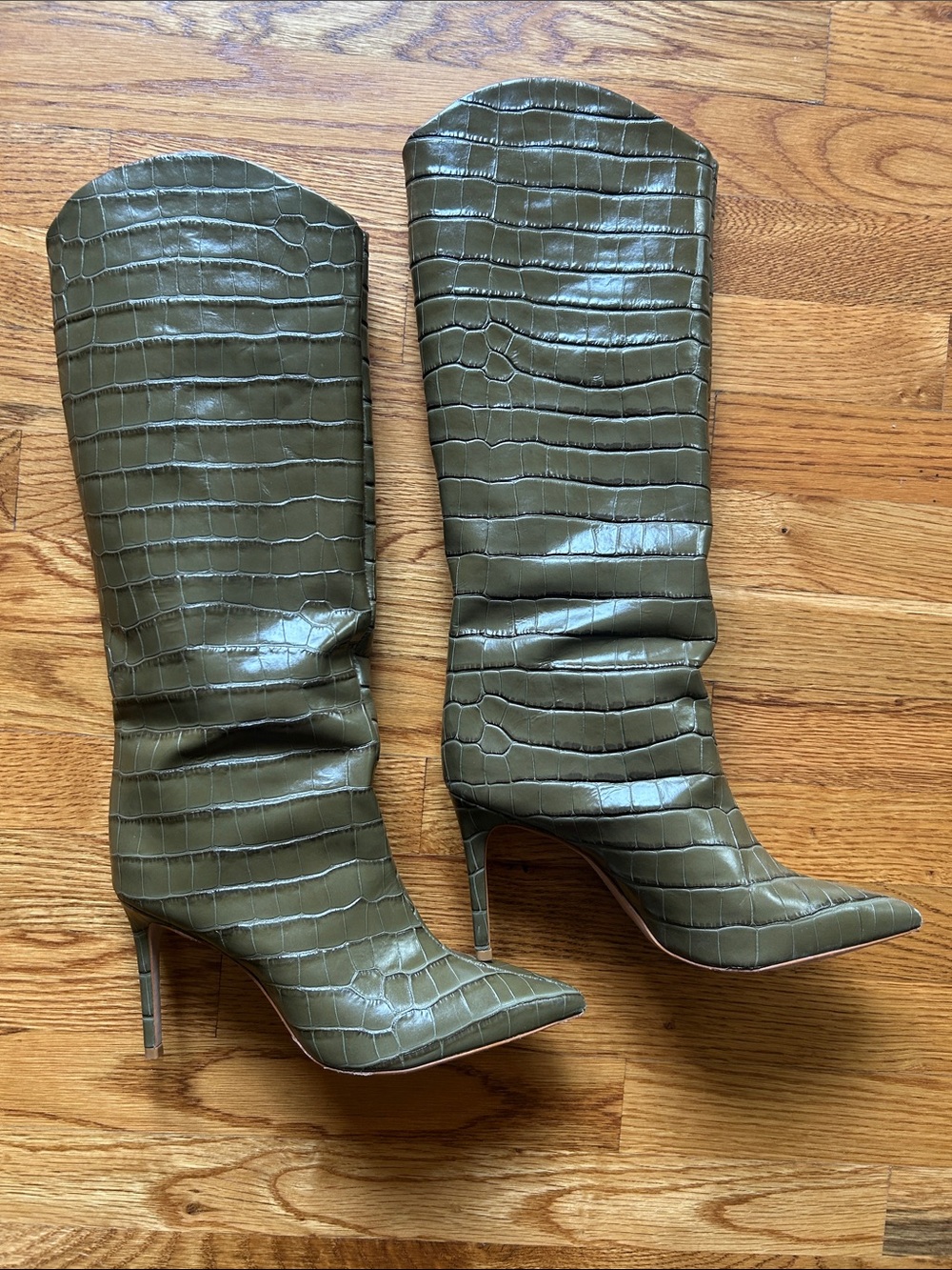 SCHUTZ Olive Croc-Embossed Knee-High Stiletto Boots